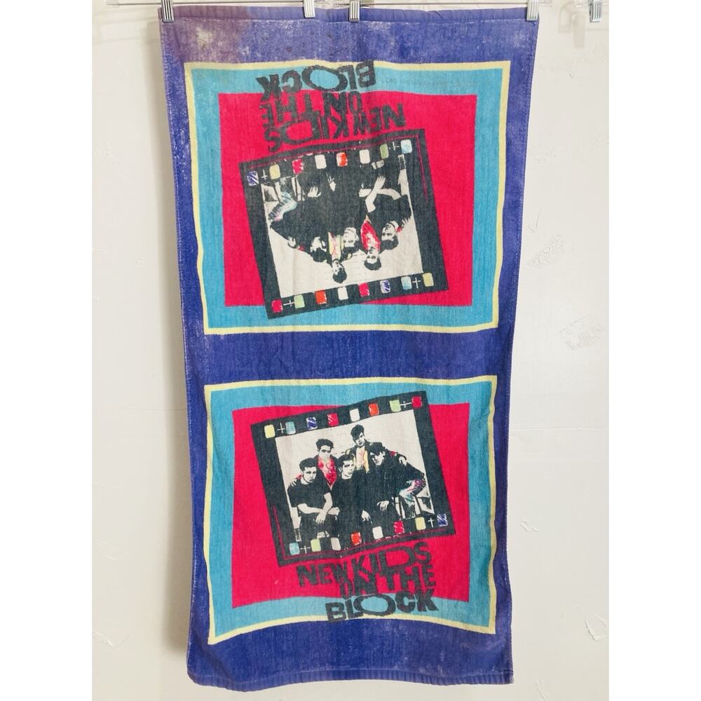 Vintage New Kids On The Block Beach Towel Retro 1990 Purple 46”X24” Magenta Teal